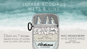 Soirée accords mets et vins avec Les Sardines à la Plage de Lancieux et Imogen Berry, vigneronne au Domaine Berry-Althoff